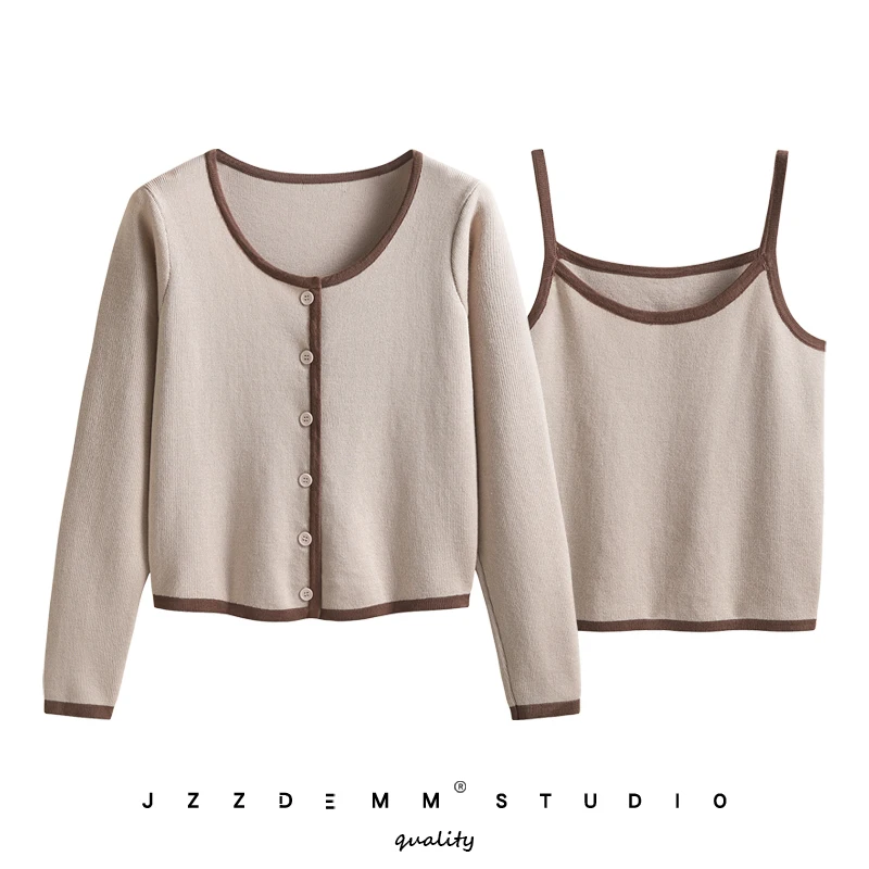 

Fashion suit women's contrast color edge high waist short small top cardigan inside camisole knitted two-piece set