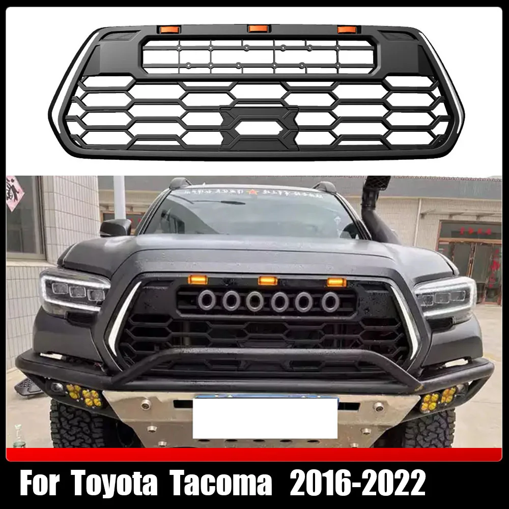 

Car Grilles ABS Accessories Pickup Front Bumper Grille Hood Racing Grill Amber Lights With 5 Letters For Toyota Tacoma 2016-2022