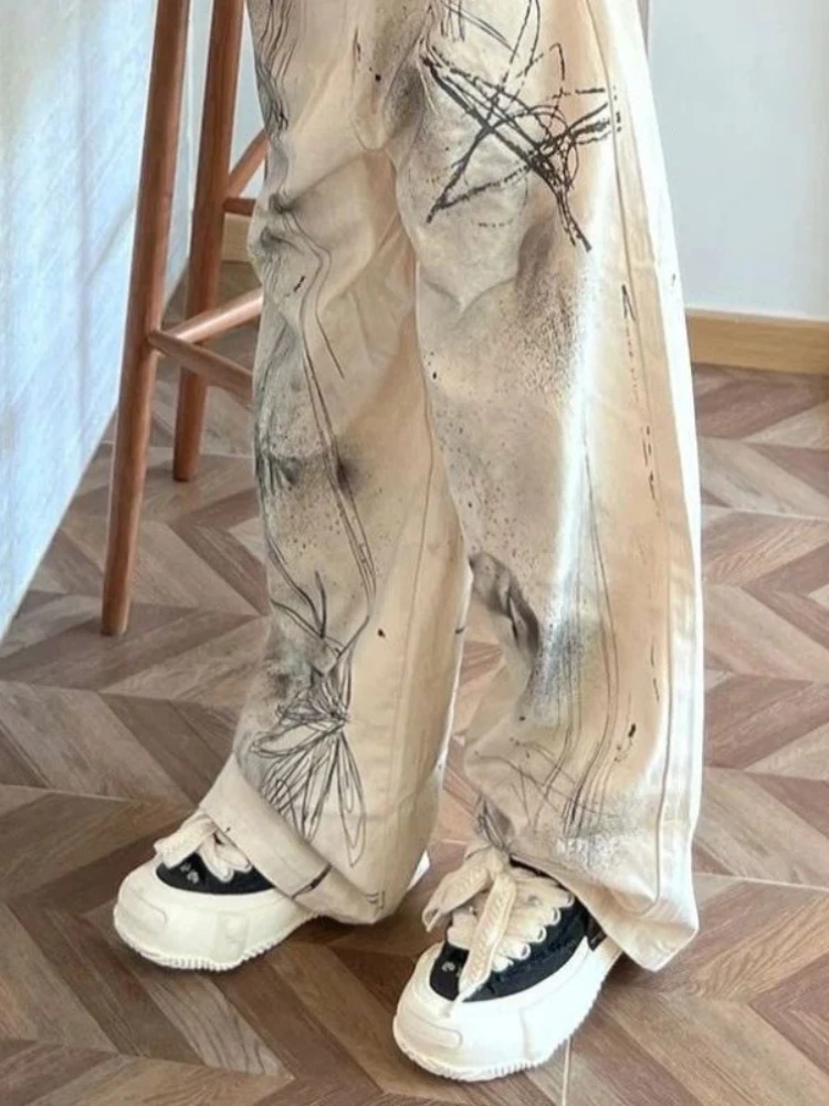 HOUZHOU Harajuku Y2k Jeans Women Grunge Hippie Oversized Denim Trousers Vintage Beige Wide Leg Graphic Pants Streetwear Female