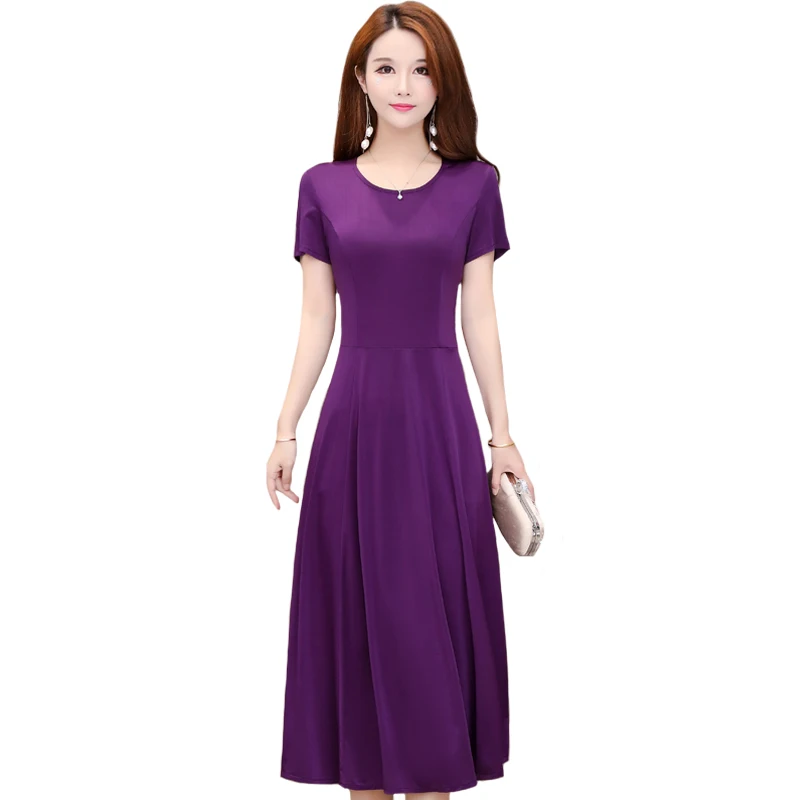 

Летнее женское платье с коротким рукавом, Элегантные повседневные однотонные длинные платья 2022 с круглым вырезом для женщин, модное облега...