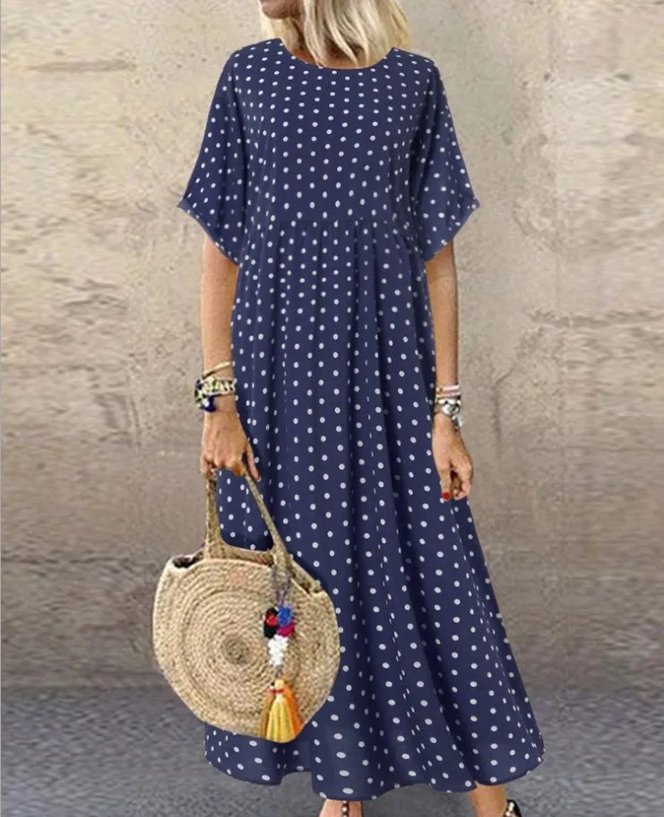 

2023 Summer Bohemian Oversize Women's Long Dress Black Polka Dot O-neck Short Sleeve Loose Dresses Female Casual Lady Clothes