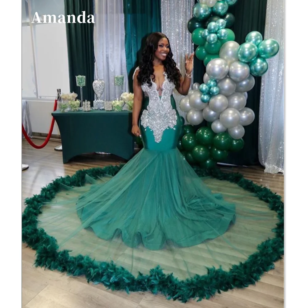 

Amanda Gorgeous Mermaid Prom Dress For Black Girls Green Birthday Dress Feather Edge Fishtail Sweep Train Prom Dress 2023