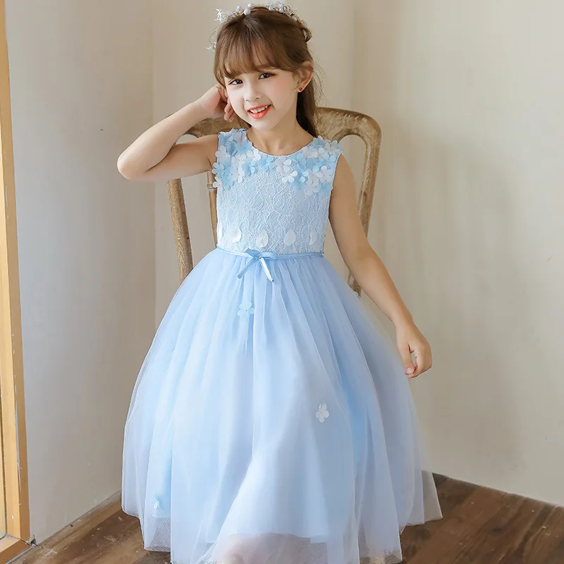 

Kids Girls Sleeveless Mesh Dress Flower Baptism Dress Girls Birthday Party Elegant Wedding Dress Baby Princess Vestidos 3-15 Y