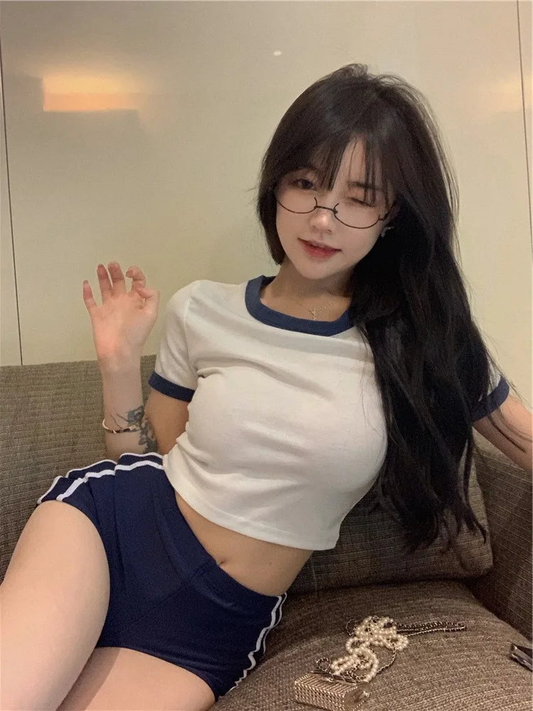 

Tempatation Women Sets Nightgown Passionate O Neck Patchwork Short Sleeve Tops And Sexy Skinny Thong Japanese Style Outfit New