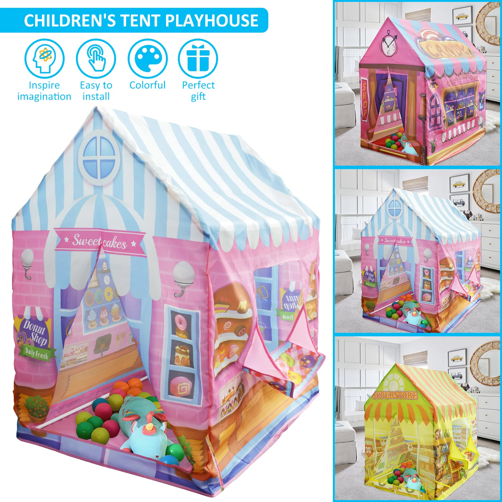 

Kids Playhouse with Roll-up Door Colorful Cute Playhouse Tent Large Size House Play Tent Detachable Foldable Castle Play Tent