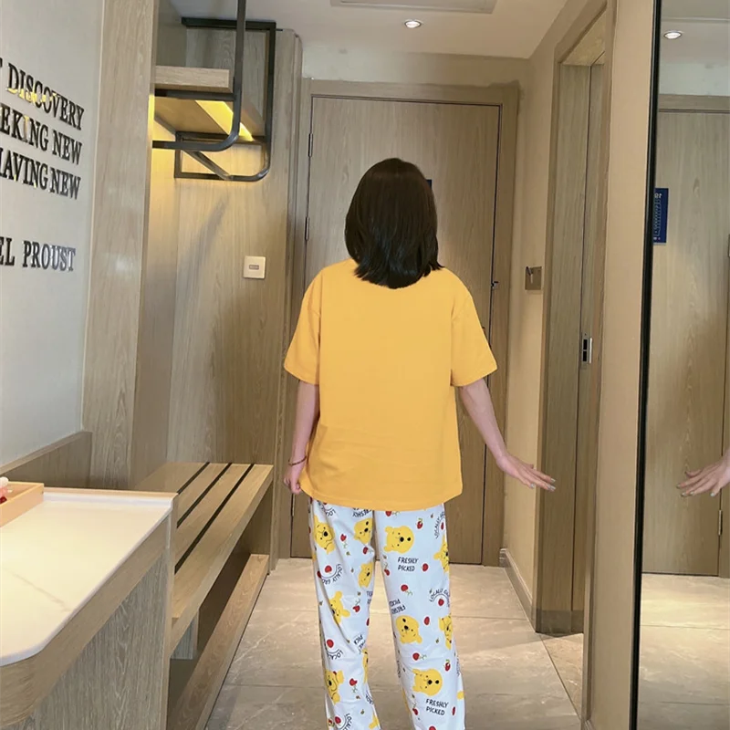 Disney Cartoon Winnie the Pooh Women Pajams Set Cute Kawaii Short Sleeve Top and Pants for Ladies 2 Pieces Pajamas Woman Summer