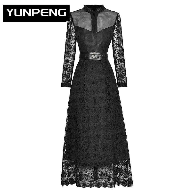 

Dresses For Women 2023 Runway Luxury Designer High Quality Elegant Spring Autumn O-Neck Long Sleeve Hollow Out Lace Office dress