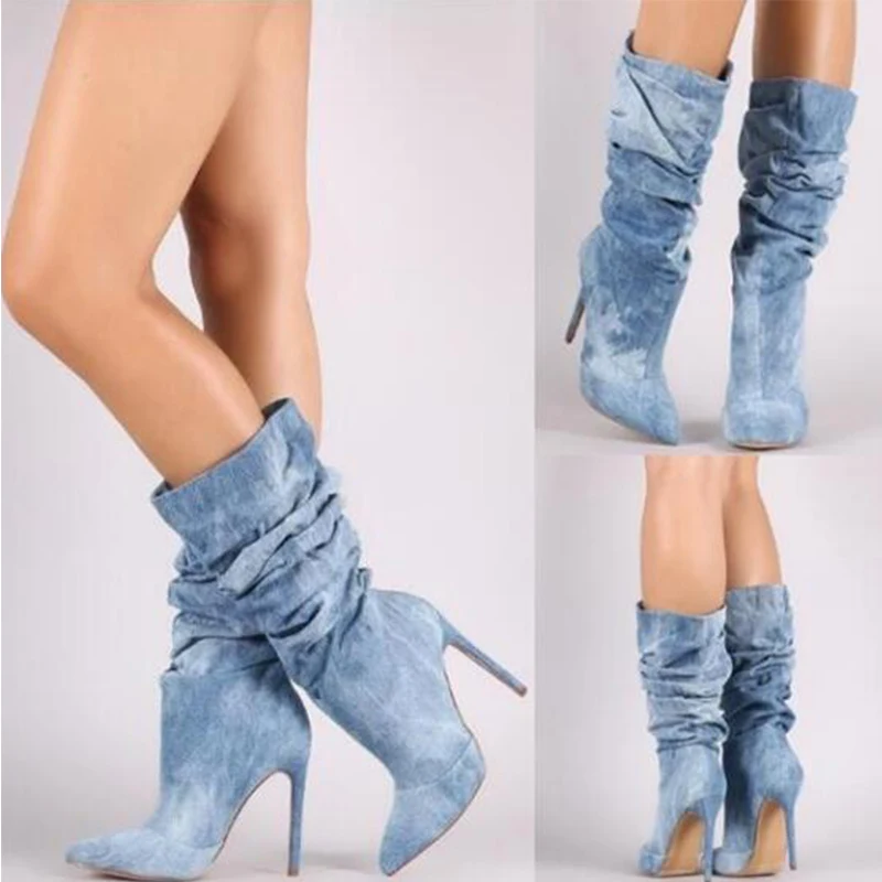 

Women Pleated Mid Calf Boots 2021 Spring Woman Thin High Heels Women's Pointed Toe Female Sexy Pumps Ladies Party Shoe Plus Size