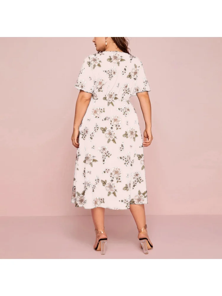 Women's floral print V-neck short-sleeved dress with waist cinched waist loose split midi chiffon plus size dress