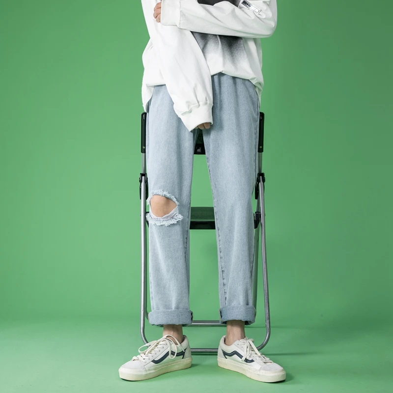 Spring Autumn New Men's Black Ripped Wide Leg Jeans Korean Style Streetwear Baggy Ankle-Length Pants Male Brand Clothing