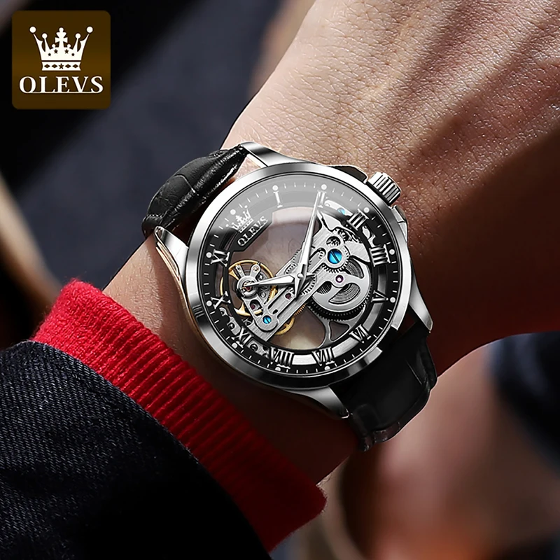 OLEVS Fully Hollow Leather Strap Mechanical Watches New Men Watch Luxury Personality Watch Luminous Waterproof Relogio Masculino