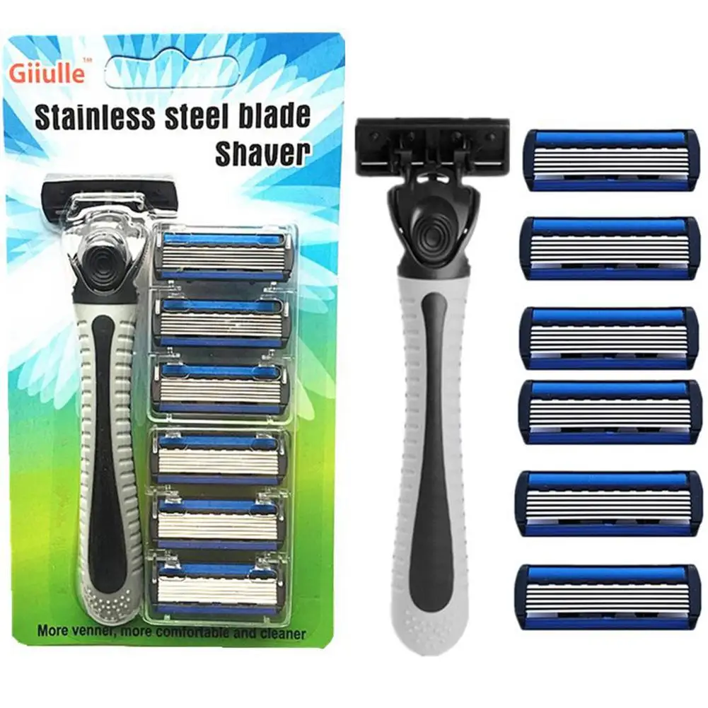 

Men Shaver Kit 6 Layers Safety Holder + 6 Replacement Blades Head Set for Hair Shaving