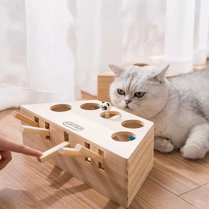 

Cat Hunt Toy Chase Mouse Solid Wooden Interactive Maze Pet Hit Hamster With 3/5-holed Mouse Hole Catch Bite Catnip Funny Toy