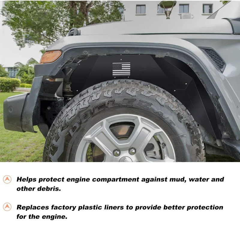 Фото Передние внутренние вкладыши на крылья подходят для Jeep Wrangler JL JLU 2018-2024 Unlimited Sahara Rubicon Freedom Sport 2/4-дверный логотип с флагом США №4