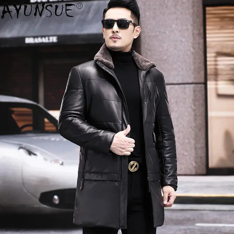 

Genuine ’s Sheepskin Coat Medium Length Leather 90% White Duck Down Jackets Men Mink Fur Collar Winter Coats 2024