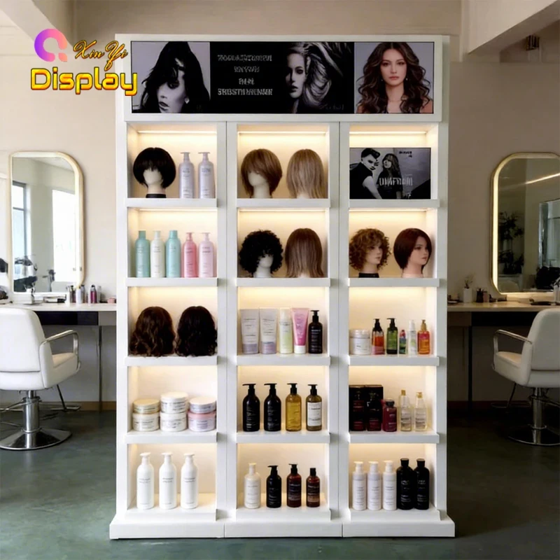 Фото Витрина для париков и средств по уходу за волосами custom.XINYI Luxury Hair Salon Cabinet Display LED Illuminated Durable Wig & Hair Care Product Display Rack с LED-подсветкой, прочная, для салонов красоты. №4