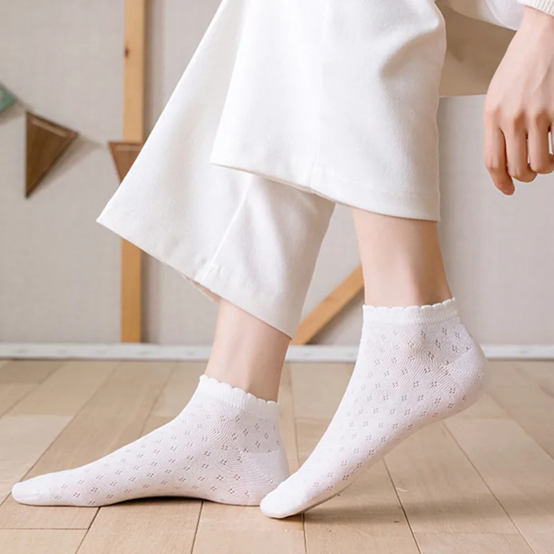 Yasuk Summer Women's Fashion Sport Soft Print  All-Match Lovely Girl Casual Mid Socks 3Pcs Lace Hollow Out Pure Lolita Student