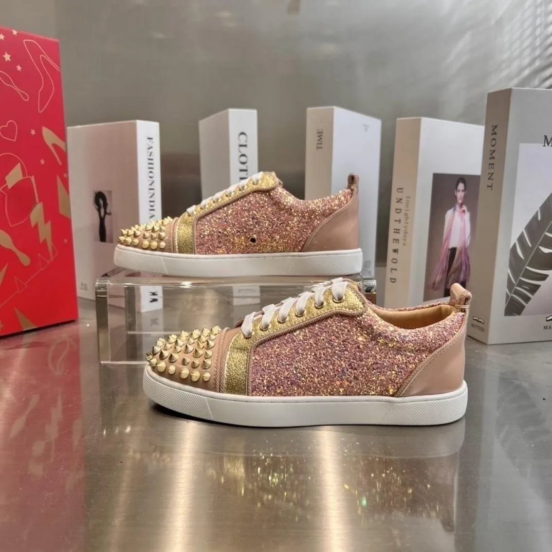 

Luxury Leather NEW Red Sole Men's Shoes Rhinestone Rivets High Top Pink Women's Shoes Sneakers