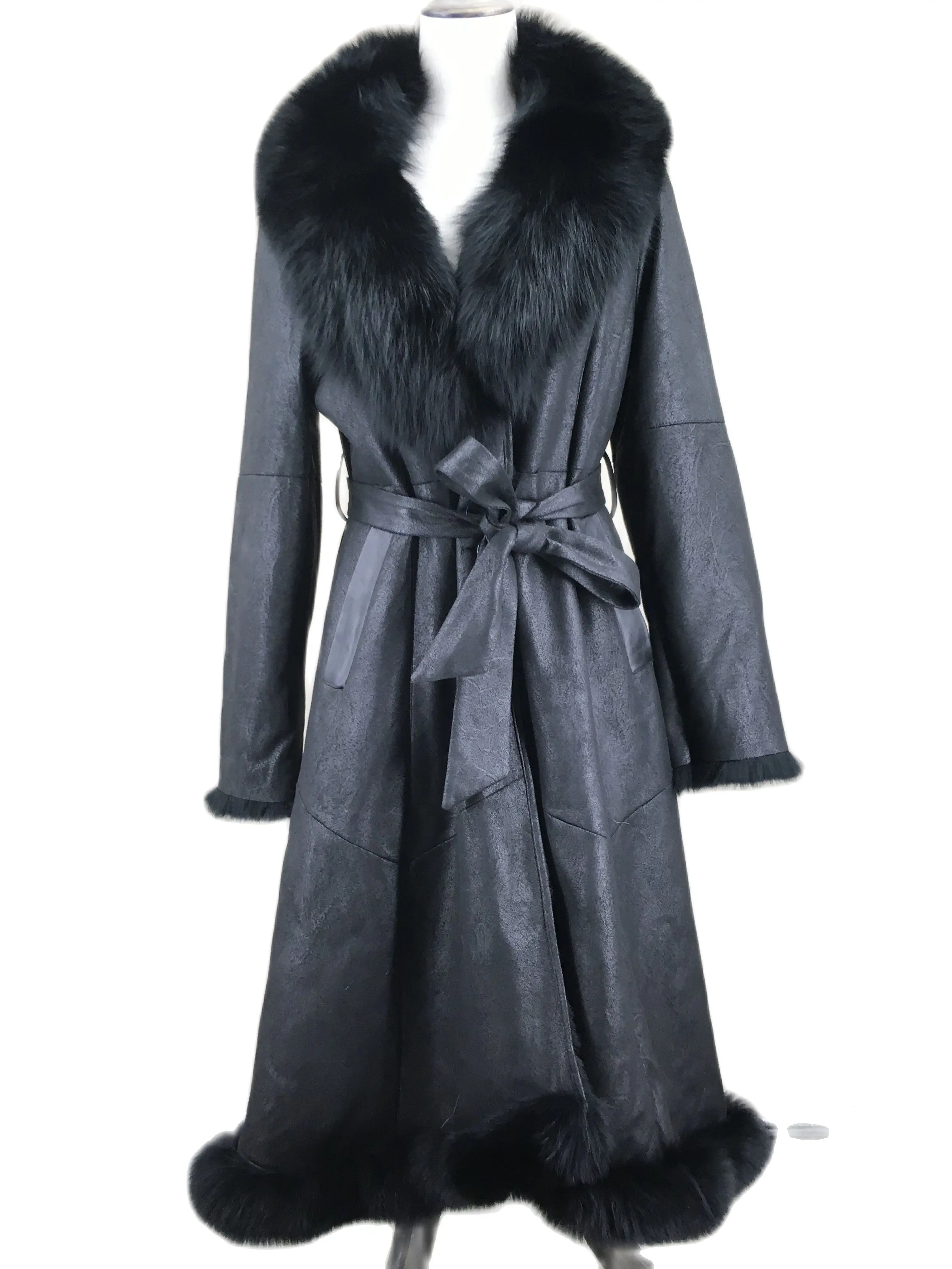 

natural rabbit fur leather one fur coat with fox fur collar bottom with belt rabbit fur lining woman 2023