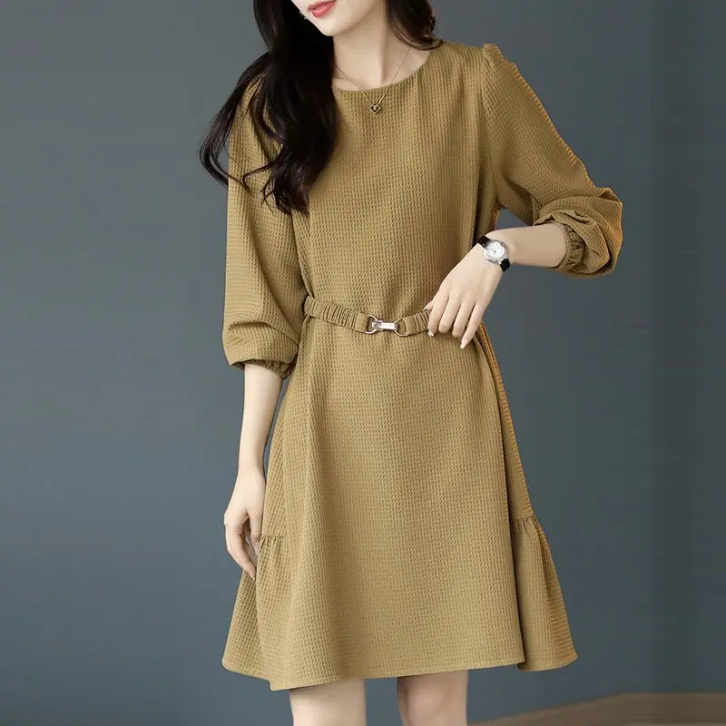 Fashionable loose fitting long sleeved dress spring new women clothing covered belly and elegant solid o neck dress female tops