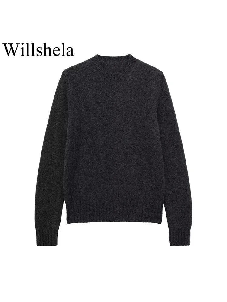 

Willshela Women Fashion Black Knitted Pullover Sweater Vintage O-Neck Long Sleeves Female Chic Lady Tops