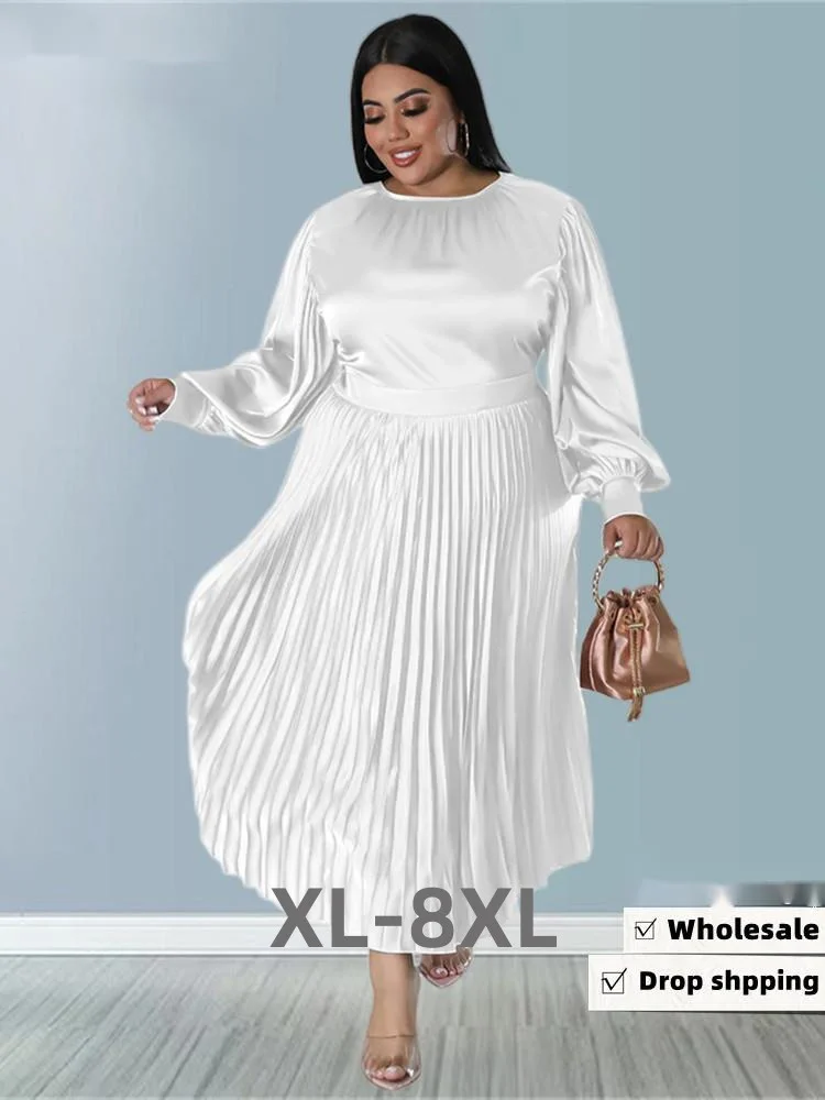 Plus Size Dresses for Women New Fall Clothes Solid o Neck Pleated Elegant Party Sweet Maxi Dress Whole 3xl 4xl 5xl 6xl