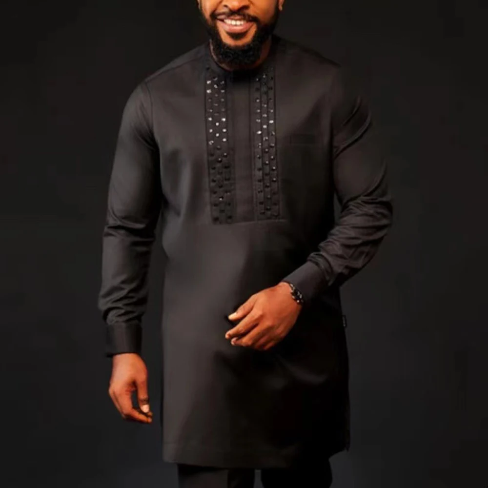 2Piece Sets Men Outfit African Ethnic Style Casual SequinsLong Sleeve Top Shirt Elastic Waist Pants Dashiki Men's Clothing Party