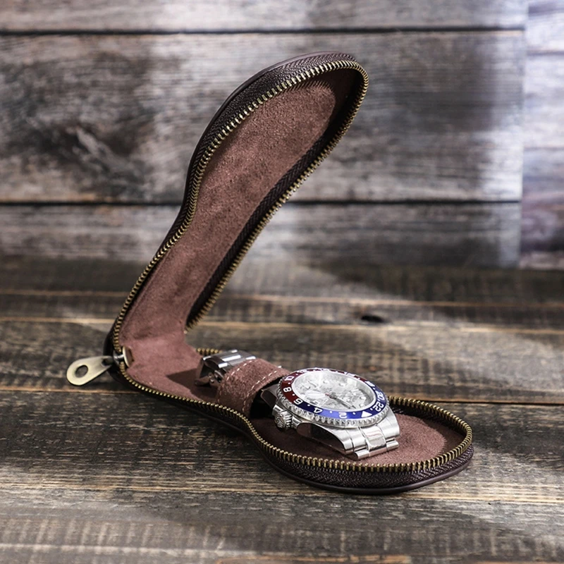 

Horsehide Leather Watch Storage Bag Travel Watch Protective Cover w/ Zipper Anti-Slide Cushion for Watch Jewelry Storage