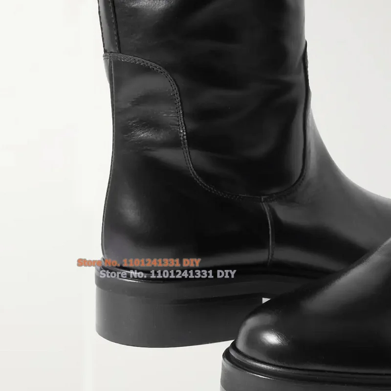 Smooth Leather Round Toe High Top Upper Riding Boots Women Knee High Boots Women Buckle Strap Long Boot Plus Size 35-46