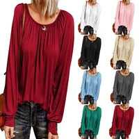 boho blouse shirts top for women round neck pullover female pleated loose long sleeve tops casual lady cloth elegant streetwear
