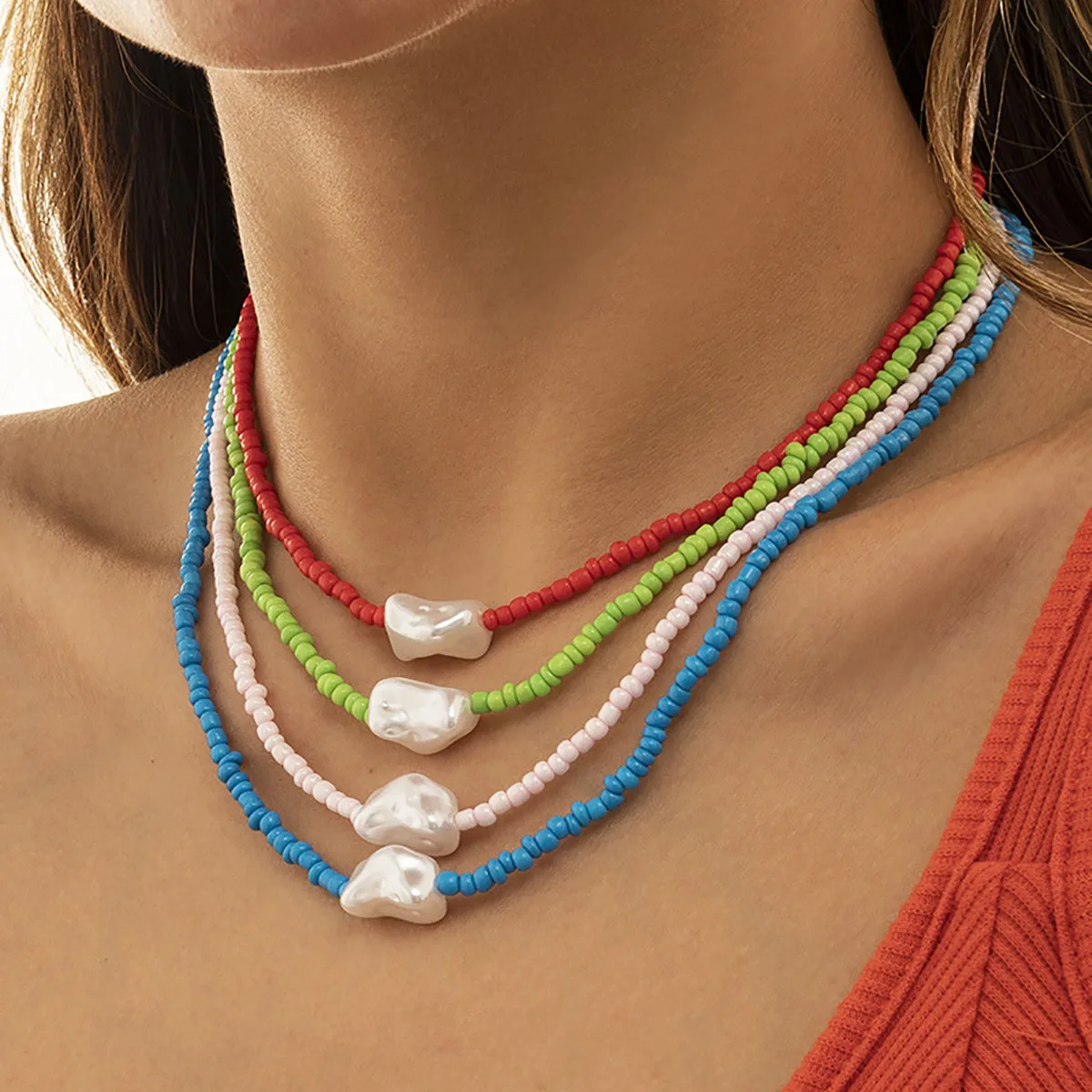 

Boho Colorful Rice Beads Beaded Collar Necklace Women's 2023 Irregular Imitation Pearl Pendant Necklaces Girls' Fashion Jewelry