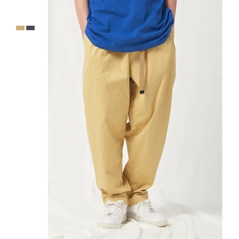 2022 new men's 100% cotton pants men's casual solid color breathable loose pants straight pants cityboy woven belt casual pants