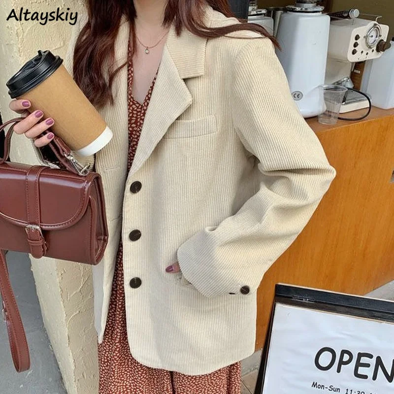 

Autumn Corduroy Blazers Women Solid Vintage Single Breasted Pockets Ins Hong Kong Style Suits Casual Outwear S-3XL Baggy Cozy