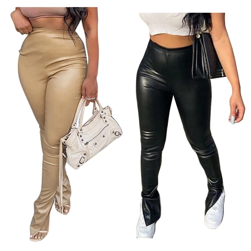 

2X Women's Sexy PU Leather Side Slit Stacking Faux Leather Slim Slimming Breathable Stretch Pants L Black & Khaki