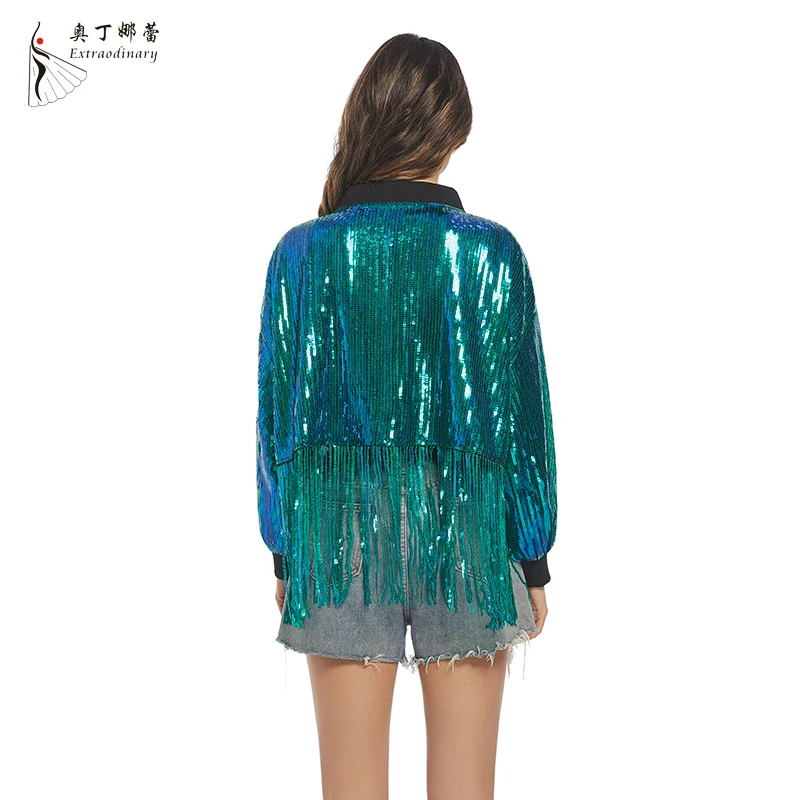 Женские куртки с кисточками и блестками длинным рукавом молнией спереди