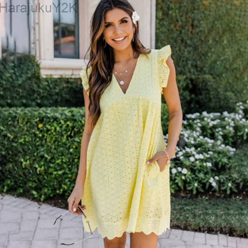 

Hollow Out Sexy Lace Mini Dresses For Women 2023 V-neck Ruffle Sleeves A-line Sundress Summer New with Pocket and Shorts