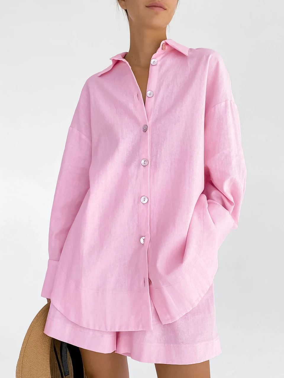 

Dutrieux Loose Women's Home Clothes 2 Piece Sets Pink Long Sleeve Sleepwear Female Casual Suits With Shorts 2023 Spring Solid