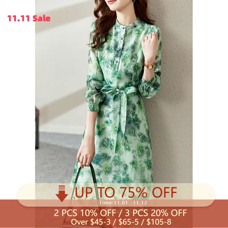

Vimly Dresses for Women 2022 Fall New French Style Fashion Casual Printing Temperament Elegant Loose Organza A-line Dress V5951