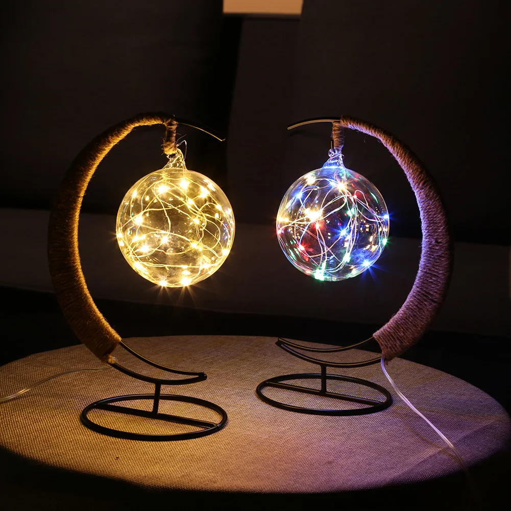 

LED Moon Lamp Line Rattan Wrought Iron Glass Ball Night Light Creative Indoor Lighting Fixture Bedroom Bedside Lamp