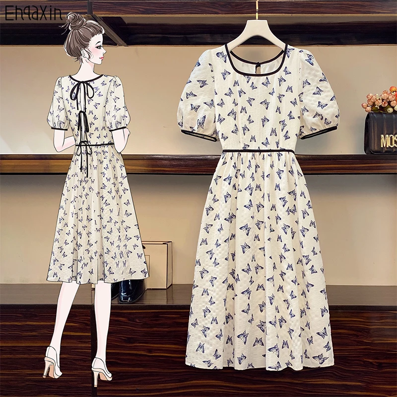 

EHQAXIN 2022 Summer New Ladies Dress Fashion Backless Lace-Up Floral Hollow Puff Sleeve Long Loose Dresses Lazy Style XL-5XL