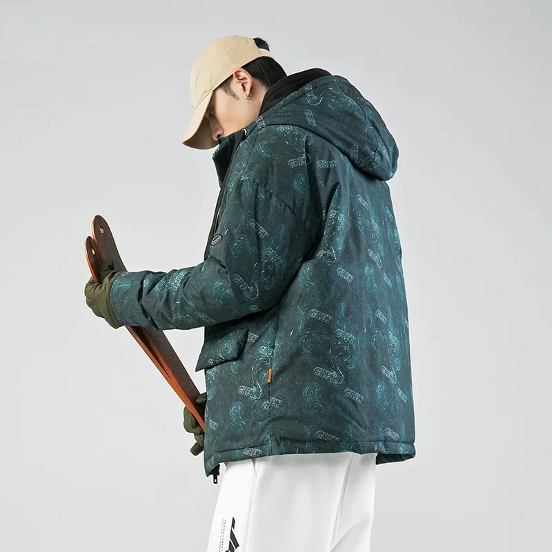 Japanese Fashion Hooded Cotton Jacket Men 2022 Winter Printing Thickened Warm  Jackets Outdoor Sports Loose Coat Men Parkas