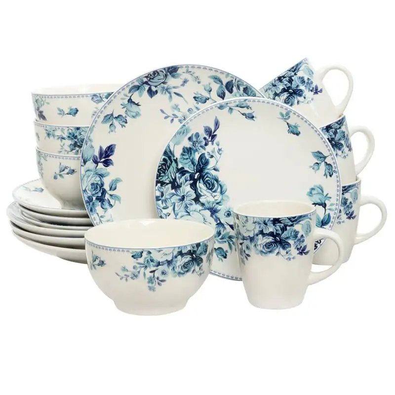 Blue Rose Traditional 16 Piece Elegant Dinnerware Set