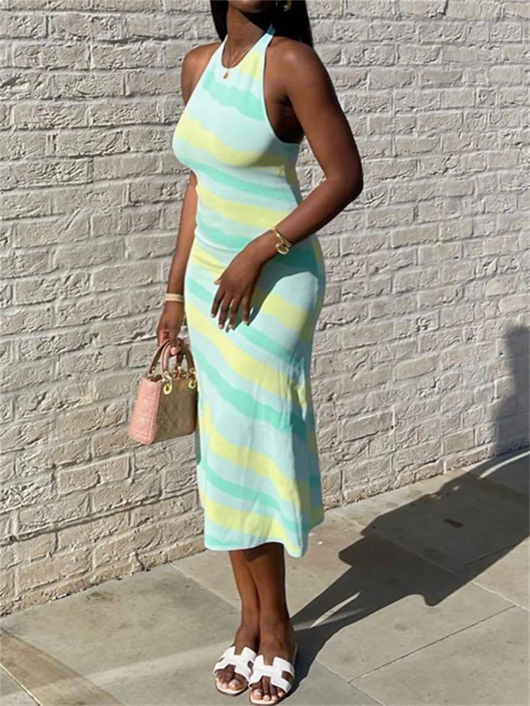 

Yesikey Fashion Dress Beach Resort Round Neck High Waist Halter Long Dress Sexy Skinny Backless Striped Sleeveless Midi Dress