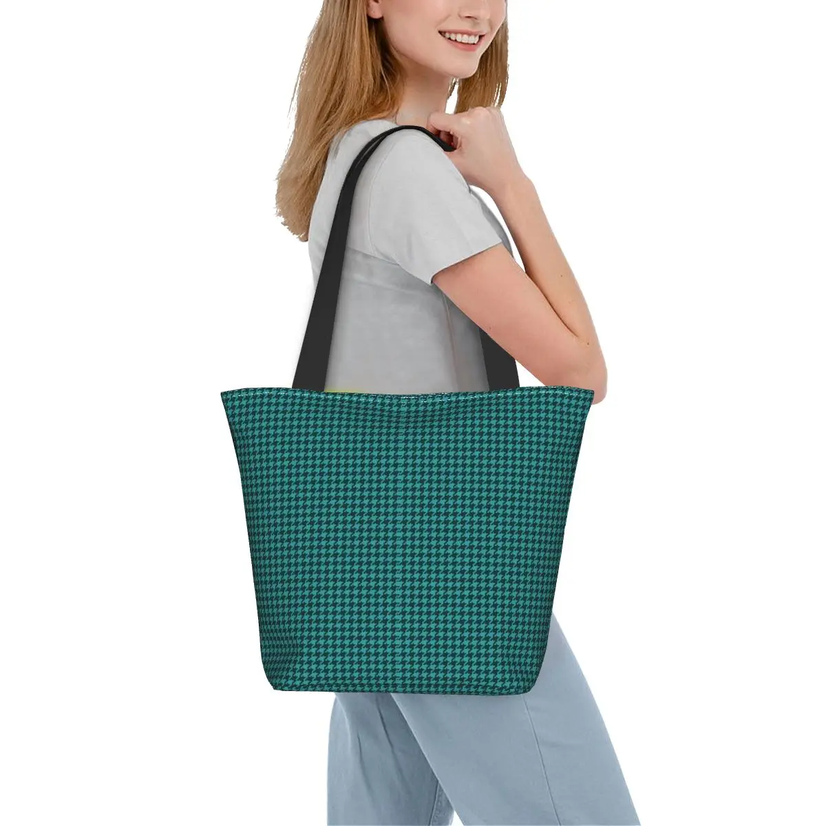 

Retro Houndstooth Shopper Bag Green And Black Shopping Bags Female School Polyester Tote Bag Cute Print Handbags