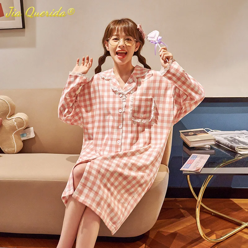 

Pink Midi Dress Ladies Night Gowns Plus Size 3xl 4xl 5xl Lingere Dress Plaid Lace Trim Vitoria Sleepwear Women Cotton Camisolas