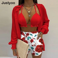 2022 new 3pcs tropical print lantern sleeve shirt shorts set with crop top womens shorts and top sexy outfits for woman suit