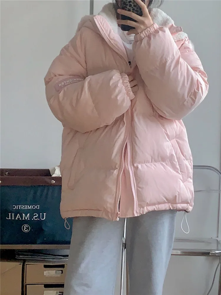 Pink Cotton Padded Coat Clothes Oversize Women's  Hooded Bread Short Jacket Winter Loose Puffer Parkas Ladies Oversize Outwear