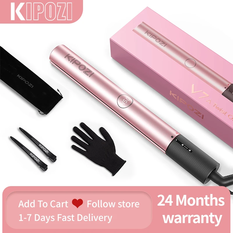 KIPOZI V7 Pro Hair Straightener Curler 2 in 1 Dual Voltage Titanium Straighteners For Salon Auto Shut Off Flat Iron Rose Gold
