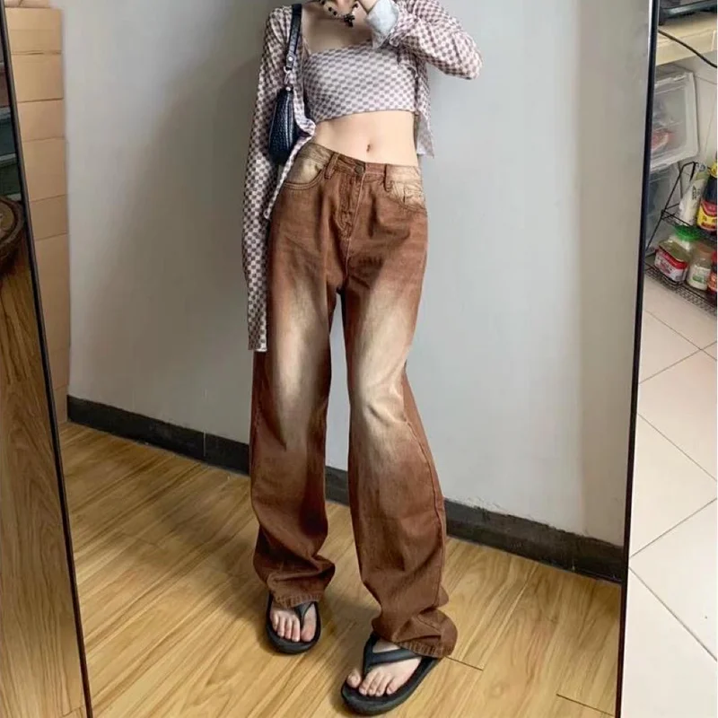 Retro Brown Straight-leg Jeans Women's Autumn Loose Korean Version of The Thin Casual Gradient Color Wide-leg Mopping Trousers