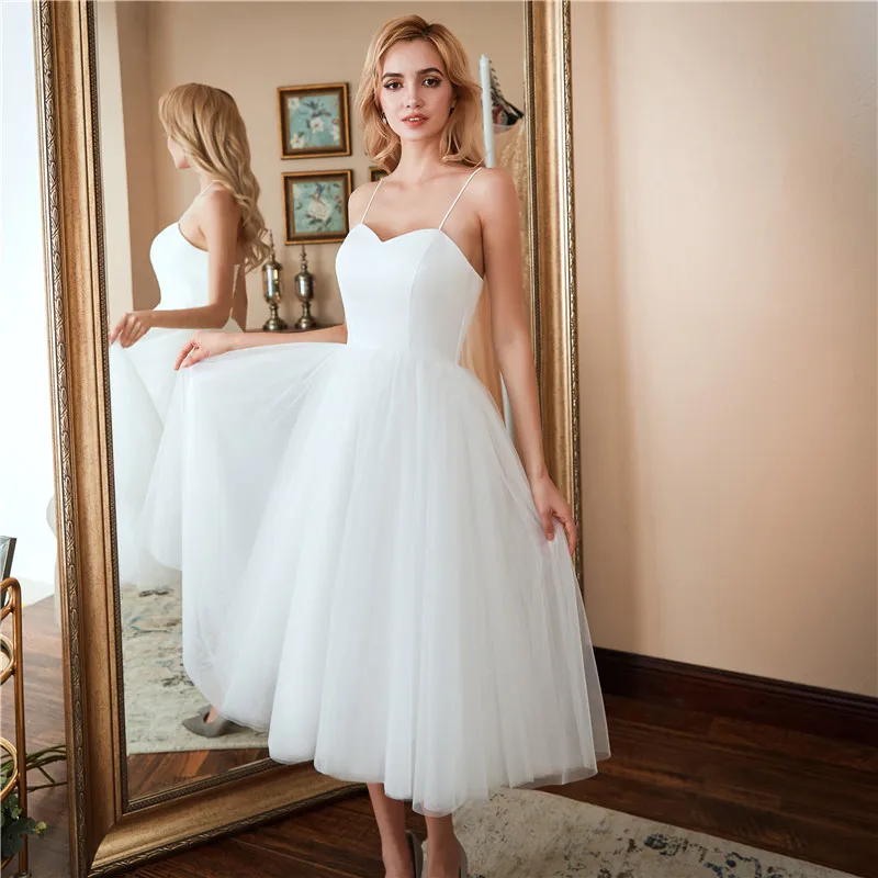 

Tulle Wedding Dress Sexy Fashion Spaghetti Straps Simple Sukienka Na Wesele New Short Backless Vestido De Noiva Custom Made